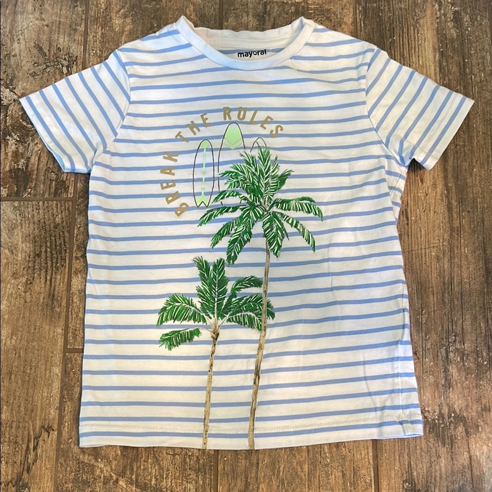 Mayoral Blue and White Short Sleeve Tee with Palm Tree Design